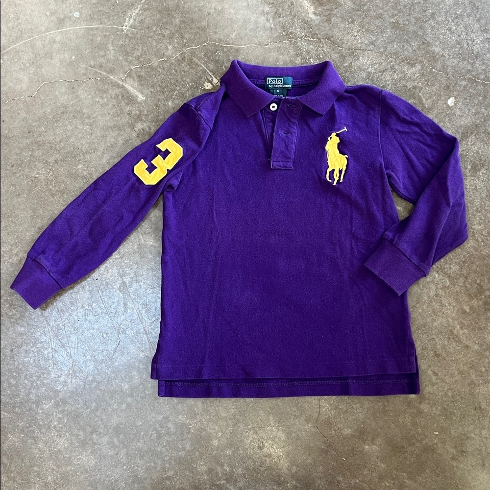 POLO RALPH LAUREN LONG SLEEVE purple large Gold Pony RUGBY polo BOYS SIZE 6